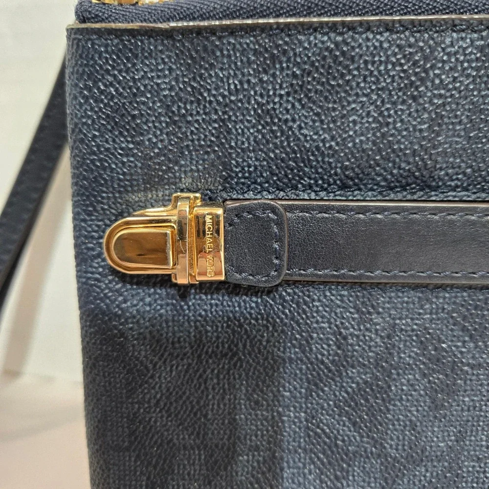 Michael Kors Wristlet Navy Blue MK Monogram Coated Canvas Gold Hardware #1420