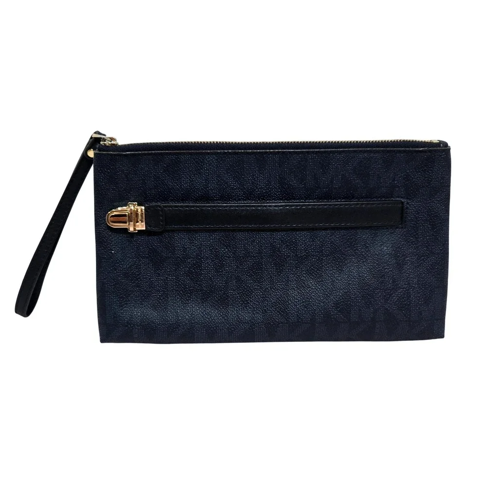 Michael Kors Wristlet Navy Blue MK Monogram Coated Canvas Gold Hardware #1420