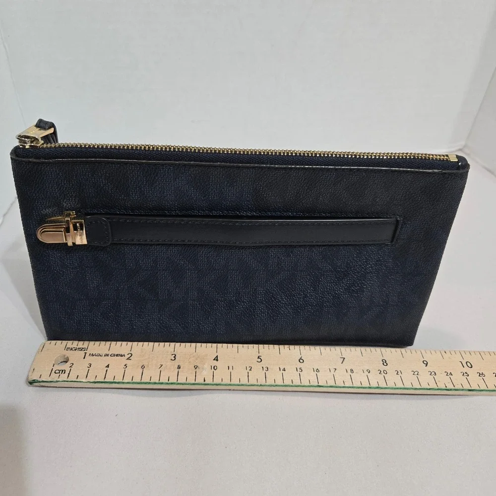 Michael Kors Wristlet Navy Blue MK Monogram Coated Canvas Gold Hardware #1420