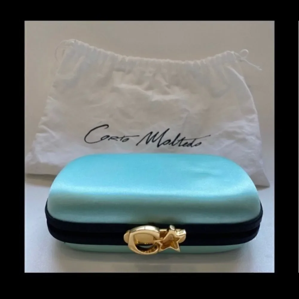 CARTO MOLTEDO Susan Blue Satin Chain Clutch Bag NWT