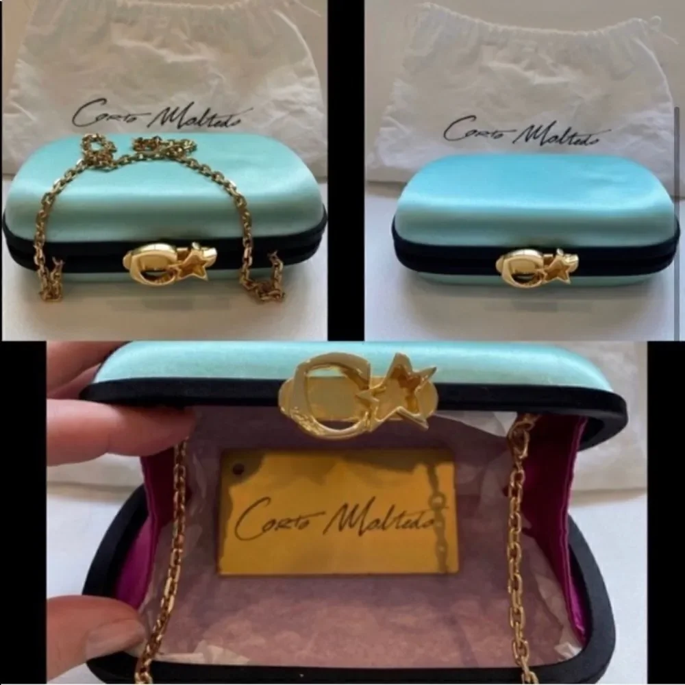CARTO MOLTEDO Susan Blue Satin Chain Clutch Bag NWT