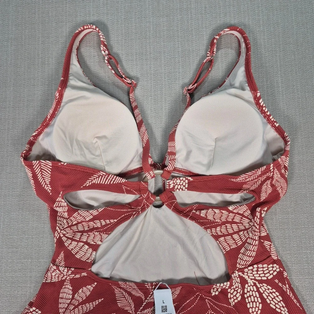 Cupshe‎ Womens Rust Tropical Leaf Print One Piece Swimsuit Cutout V-Neck Size L