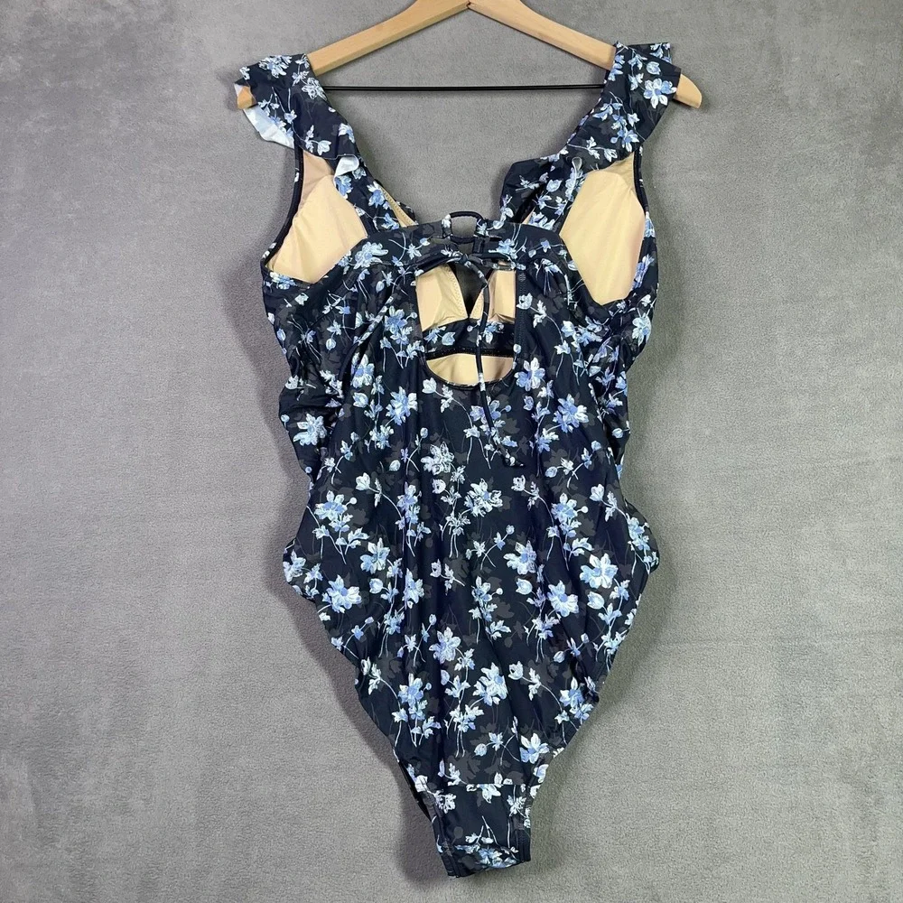 A Pea in the Pod Swimsuit Womens Large Navy Blue Floral Ruffle Maternity NWT