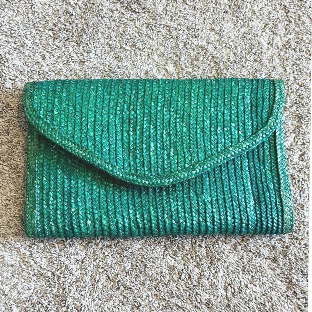 Vintage Green Woven Straw Envelope Clutch Bag Emerald Summer Beach Handbag