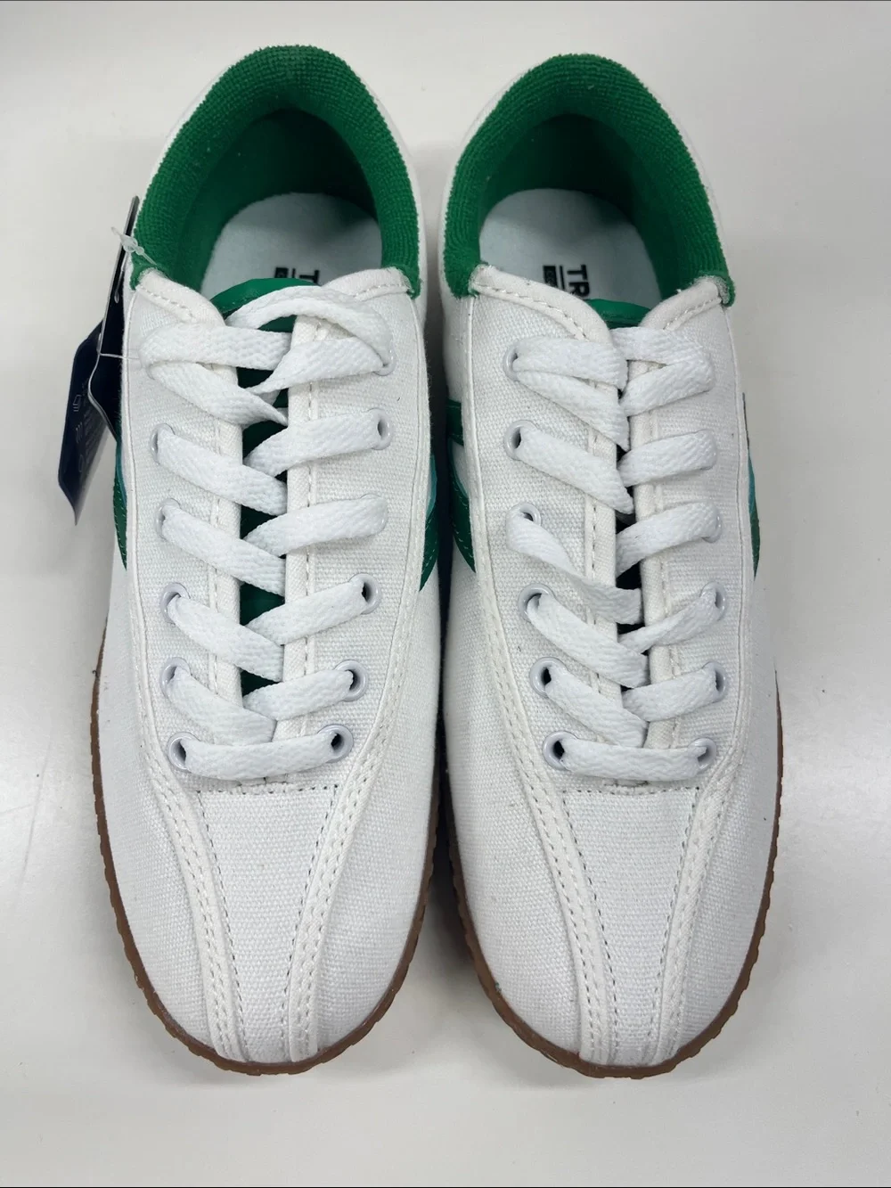 Tretorn White and Green Canvas Sneakers with Gum Sole