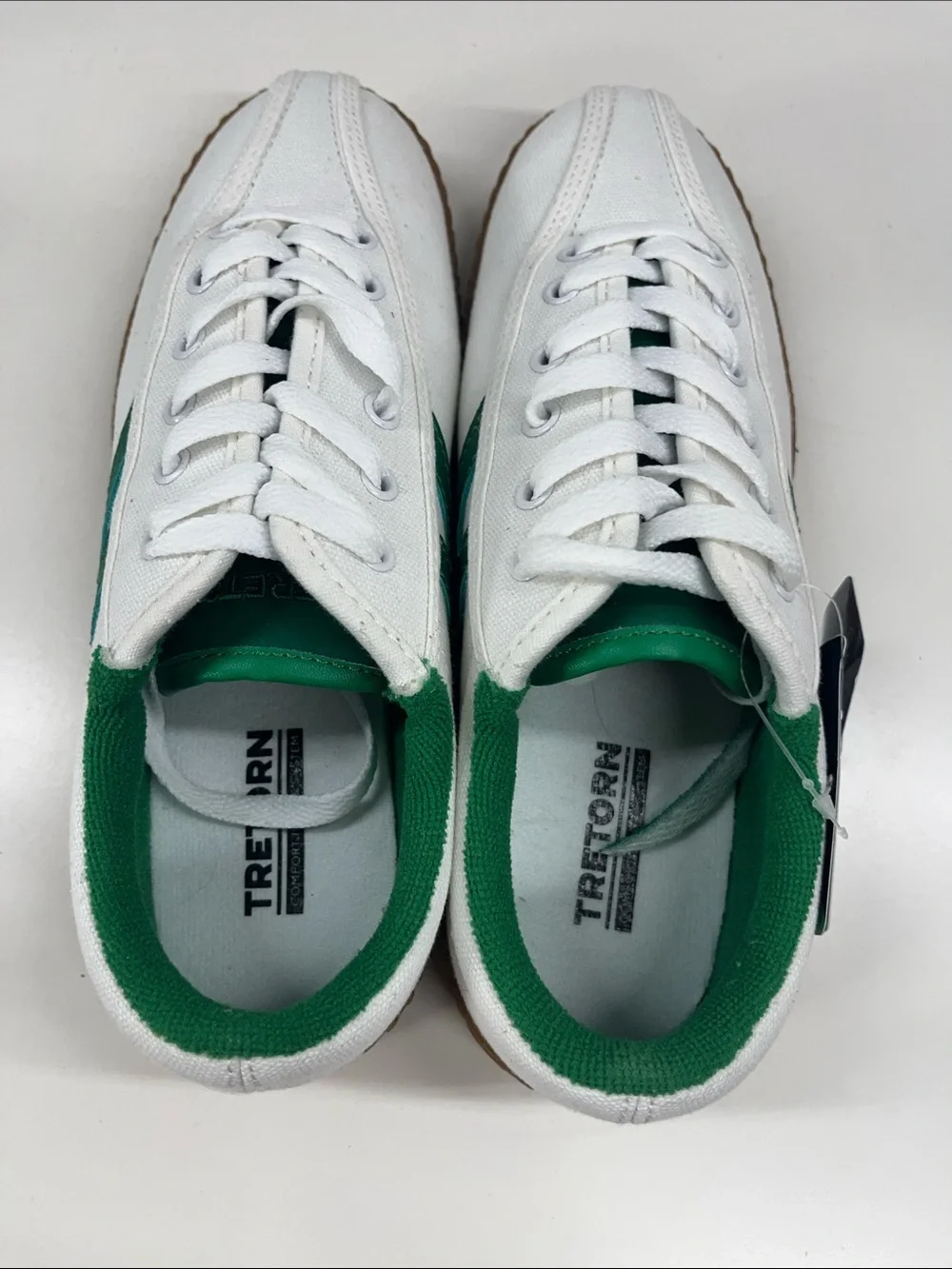 Tretorn White and Green Canvas Sneakers with Gum Sole