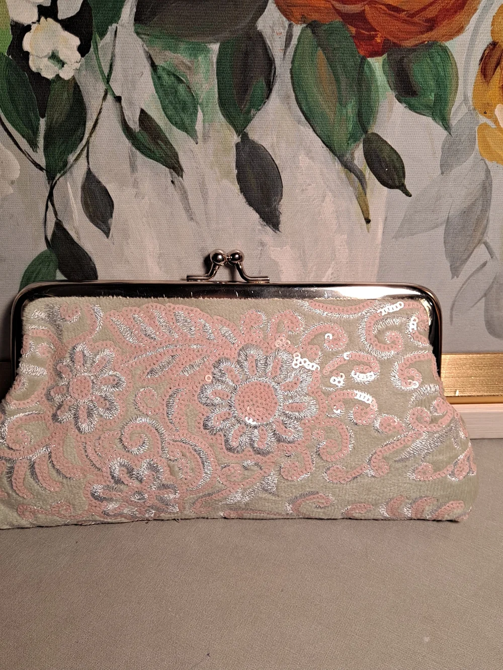 Daughters Of The American Revolution Vintage Sequin Floral Pink Green Silver Bag