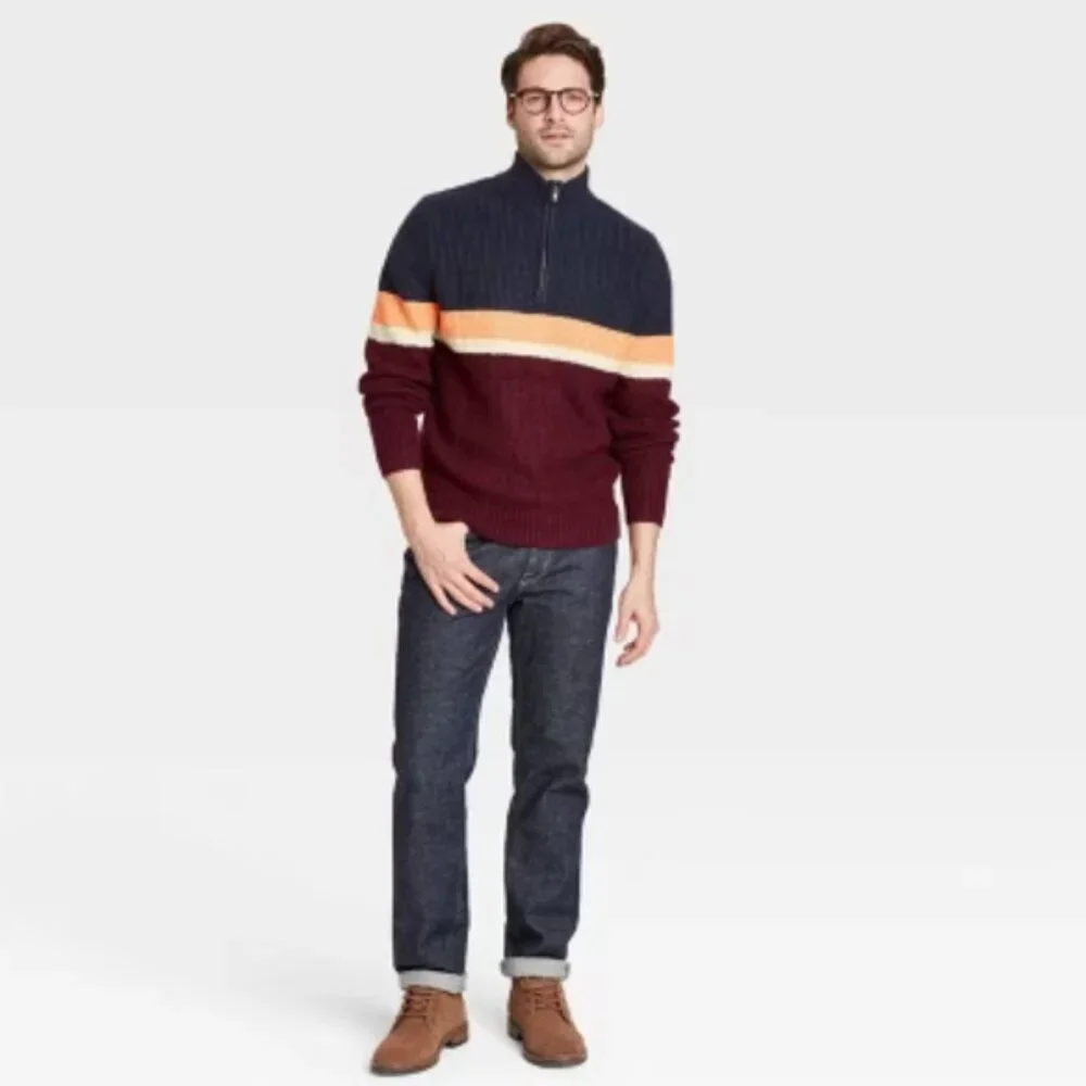 Goodfellow & Co - Men’s Striped Red & Blue Zip-Up Pullover Sweater - Men's XL​