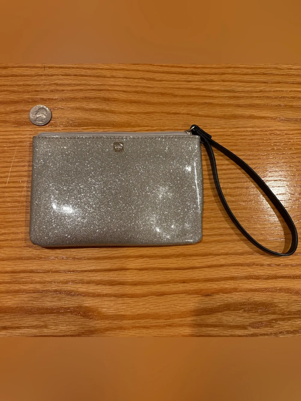 kate spade Silver Glitter Wristlet Clutch with Black Strap