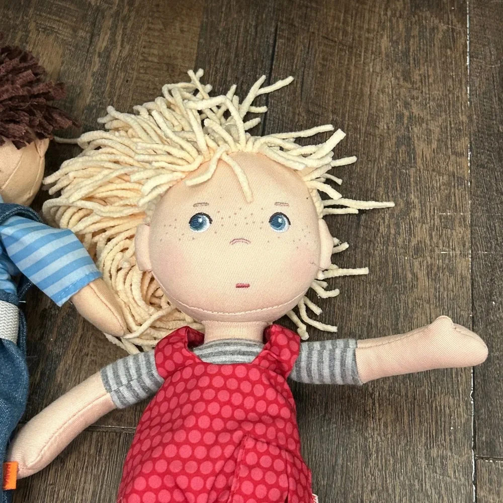 HABA Soft Fabric Dolls‎ Lot of 2 Cassie and Graham 12 Inch Overalls Freckles