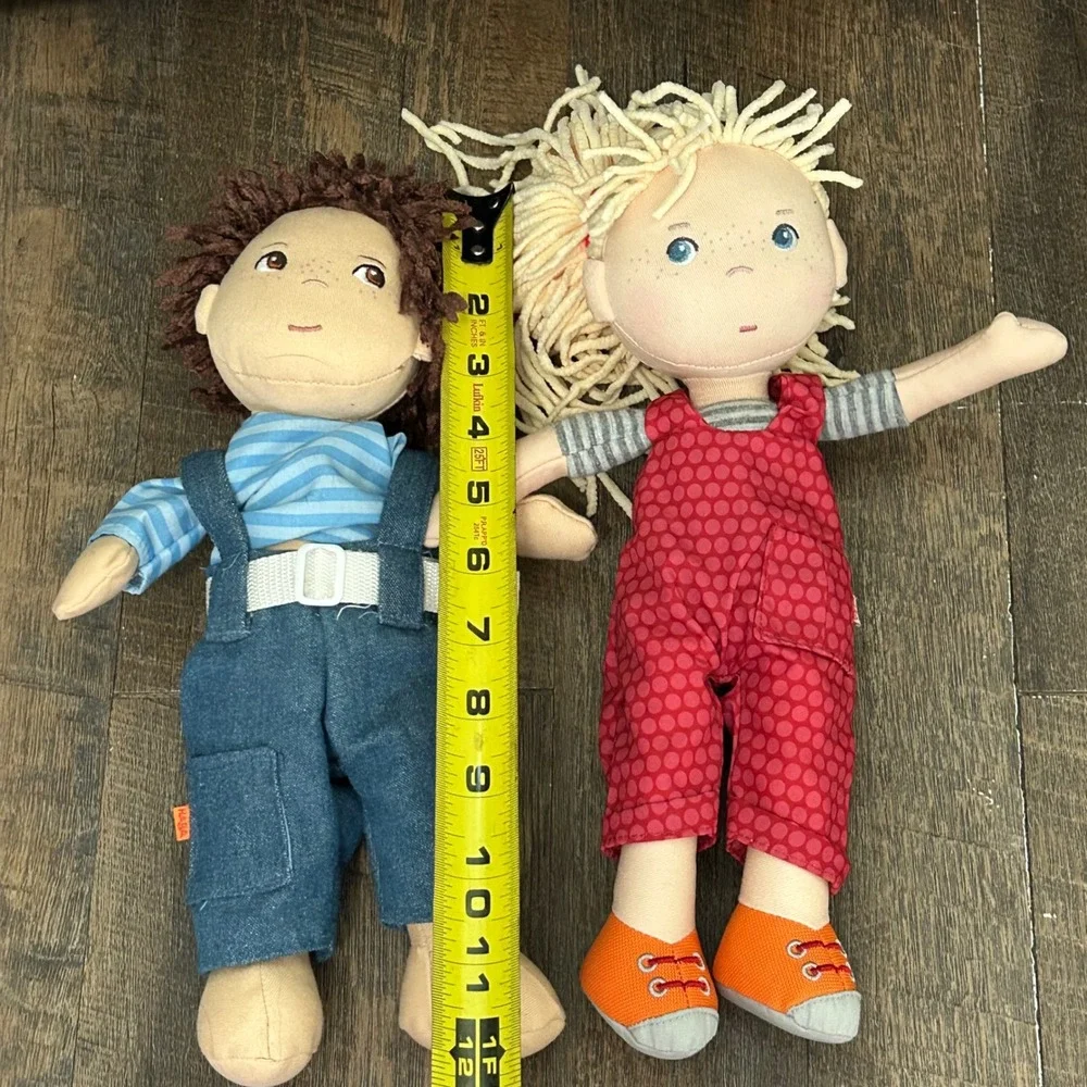 HABA Soft Fabric Dolls‎ Lot of 2 Cassie and Graham 12 Inch Overalls Freckles