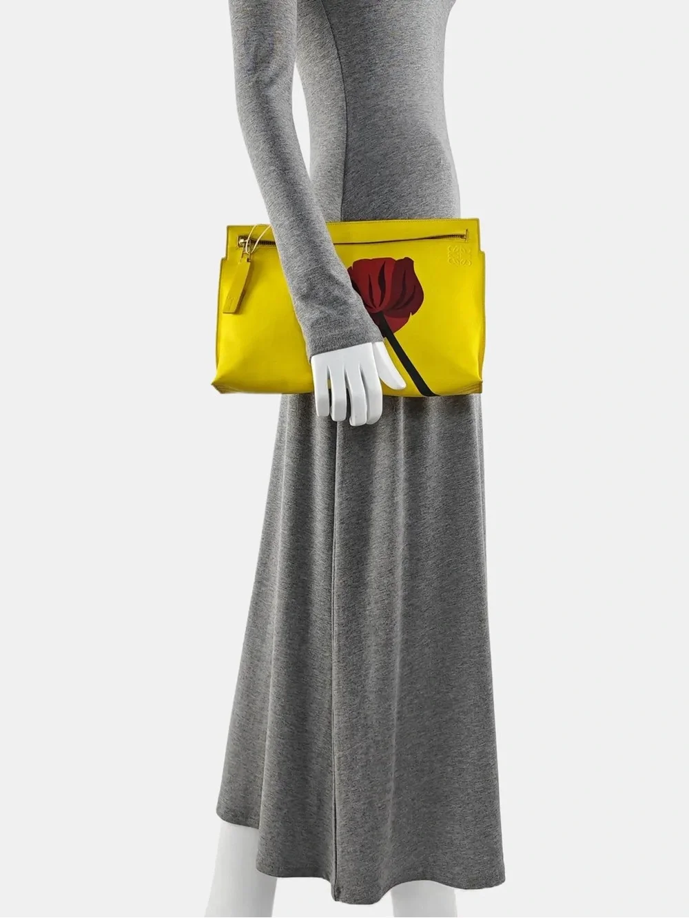 Loewe Pouch Yellow Leather Clutch with Red Floral Graphic