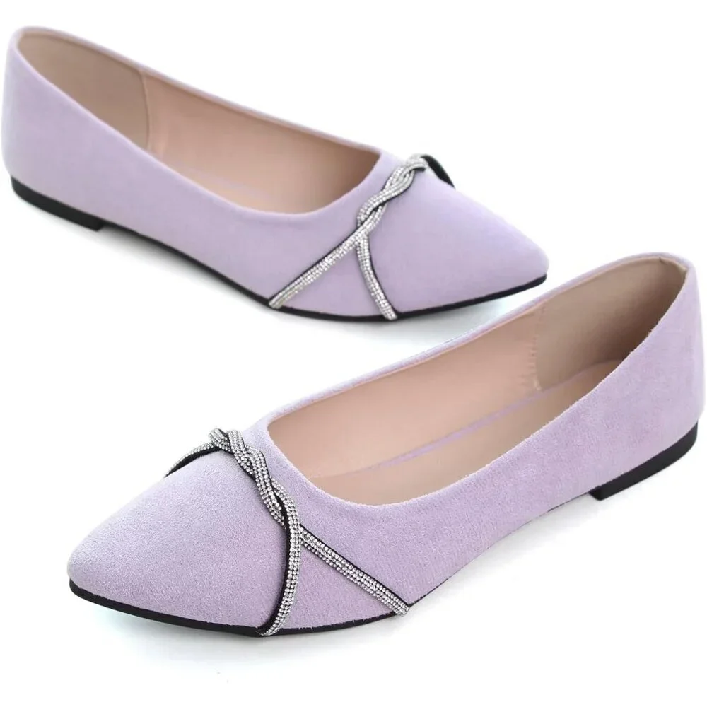 Women's Light Purple Casual  Fashion Chain Pointed Toe Ballet Flat Rhinestone