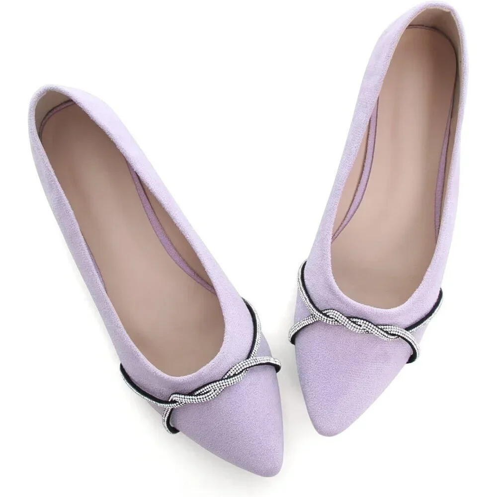 Women's Light Purple Casual  Fashion Chain Pointed Toe Ballet Flat Rhinestone