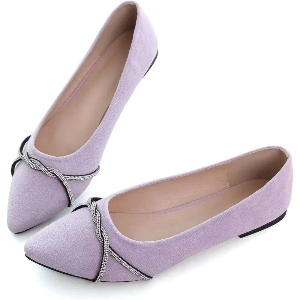 Women's Light Purple Casual  Fashion Chain Pointed Toe Ballet Flat Rhinestone