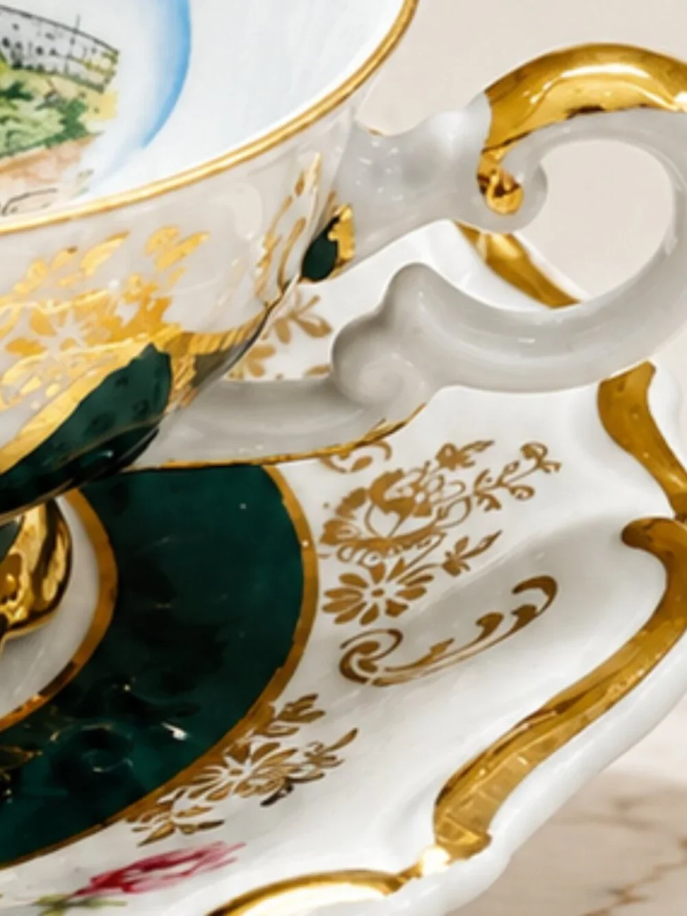 Vintage Bavaria Demitasse Emerald and Gold Hand Painted Teacup and Saucer Set