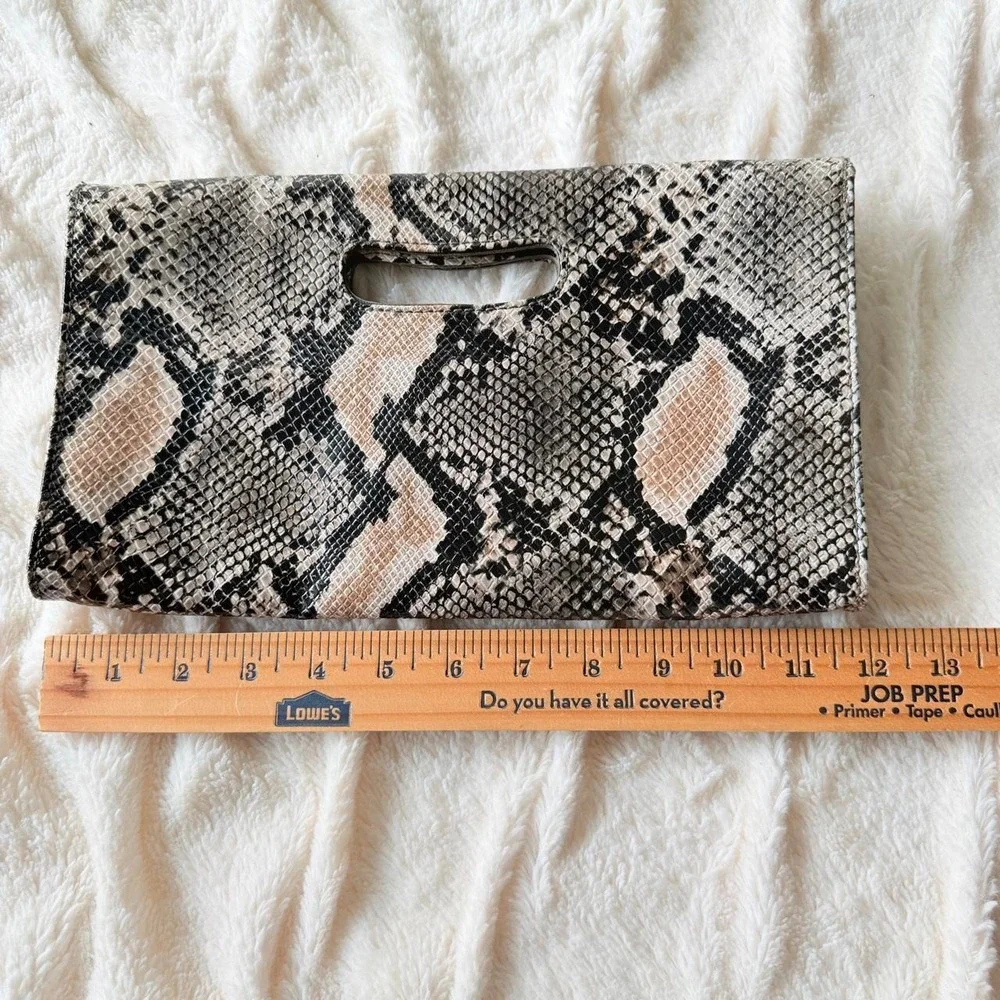 Nine West, Faux Snakeskin Envelope Clutch Handbag, Beige Gray Black