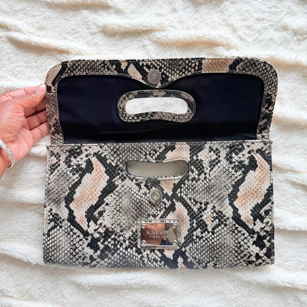 Nine West, Faux Snakeskin Envelope Clutch Handbag, Beige Gray Black