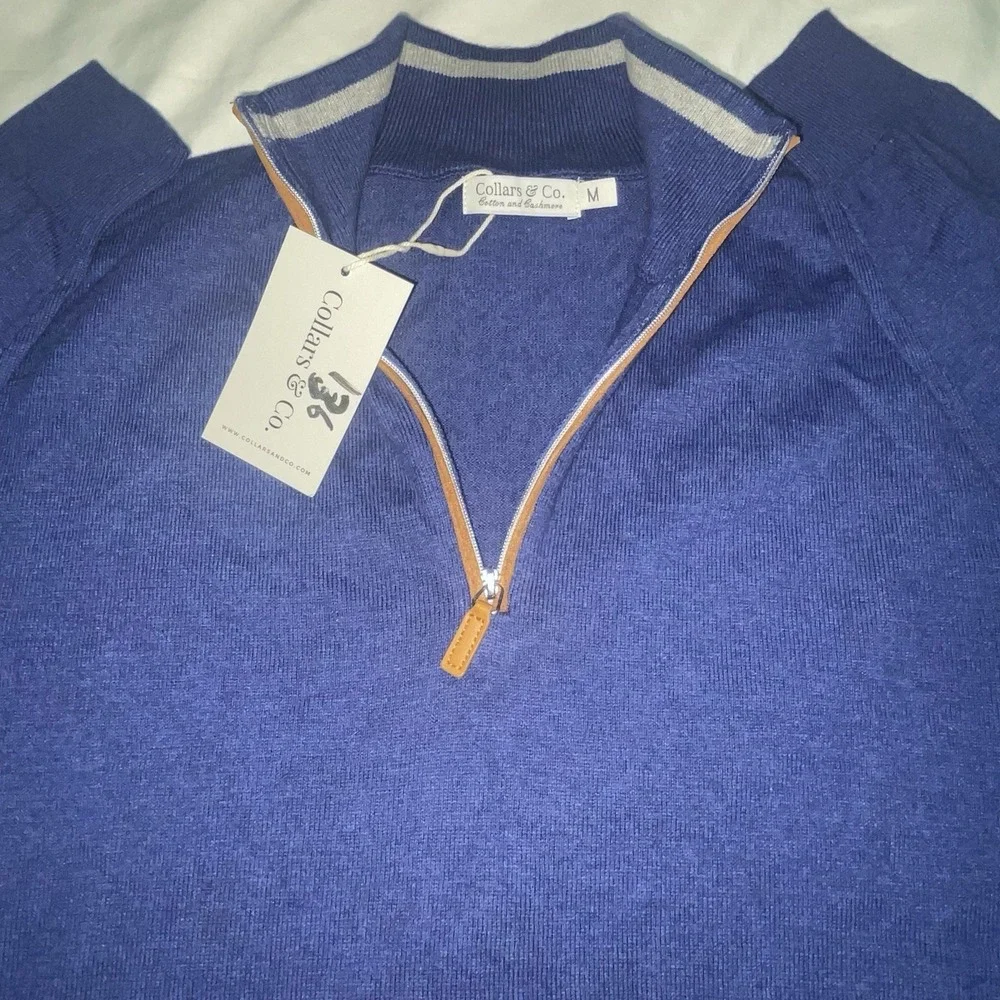 Collars & Co Luxury Touch Mens M Cotton Cashmere Quarter Zip Sweater Suede Trim