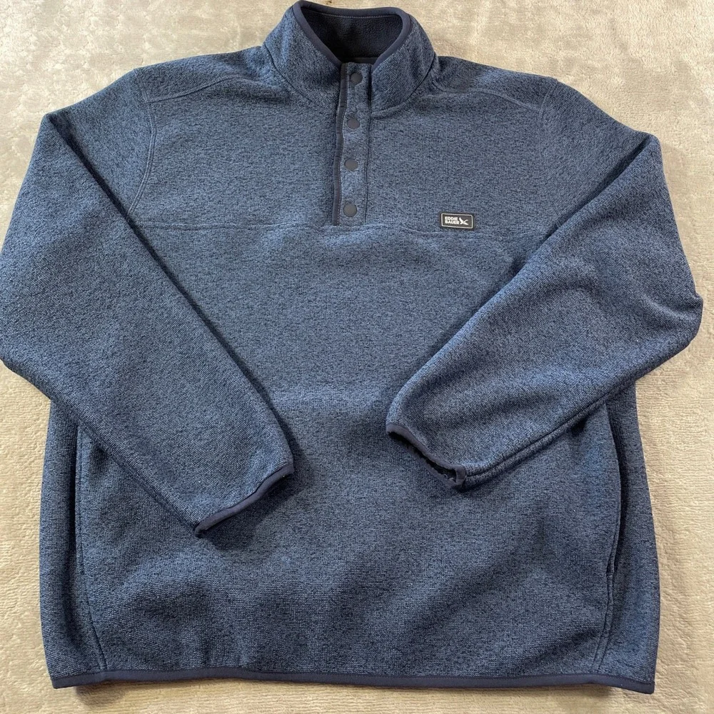 Eddie Bauer  Fleece Pullover Mens Large Heathered Blue Mock Neck School Preppy