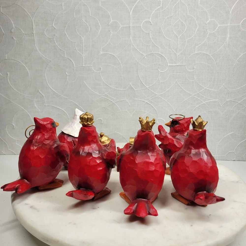 Slifka Cardinal Nativity 7 Pc Set Red Resin Christmas Birds Decor Folk Art