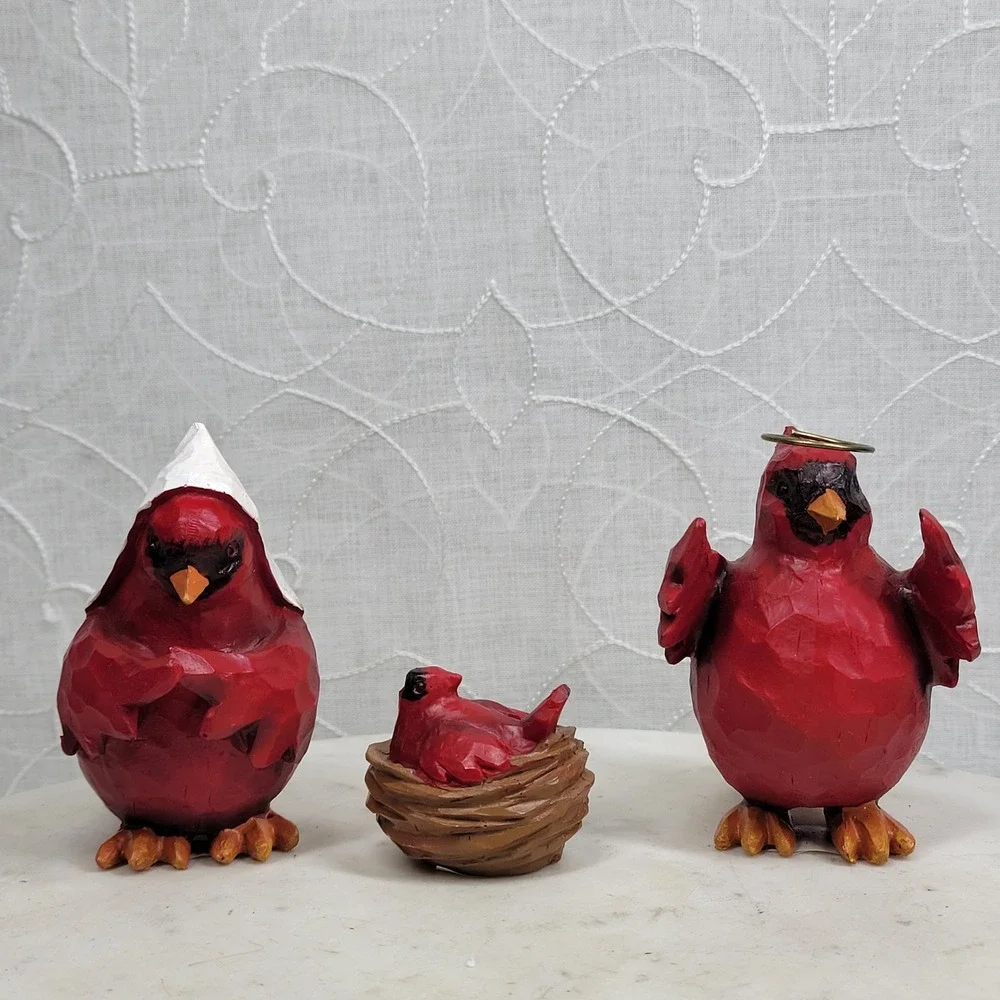 Slifka Cardinal Nativity 7 Pc Set Red Resin Christmas Birds Decor Folk Art