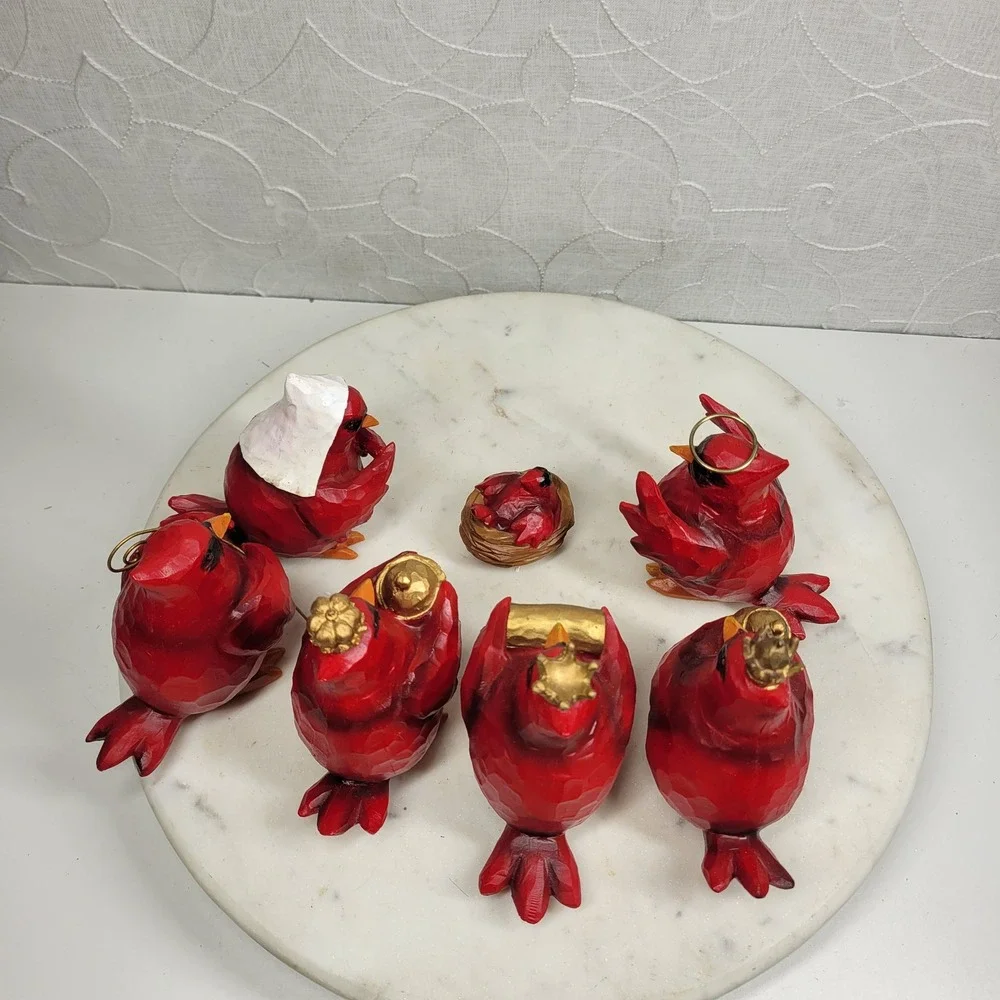 Slifka Cardinal Nativity 7 Pc Set Red Resin Christmas Birds Decor Folk Art
