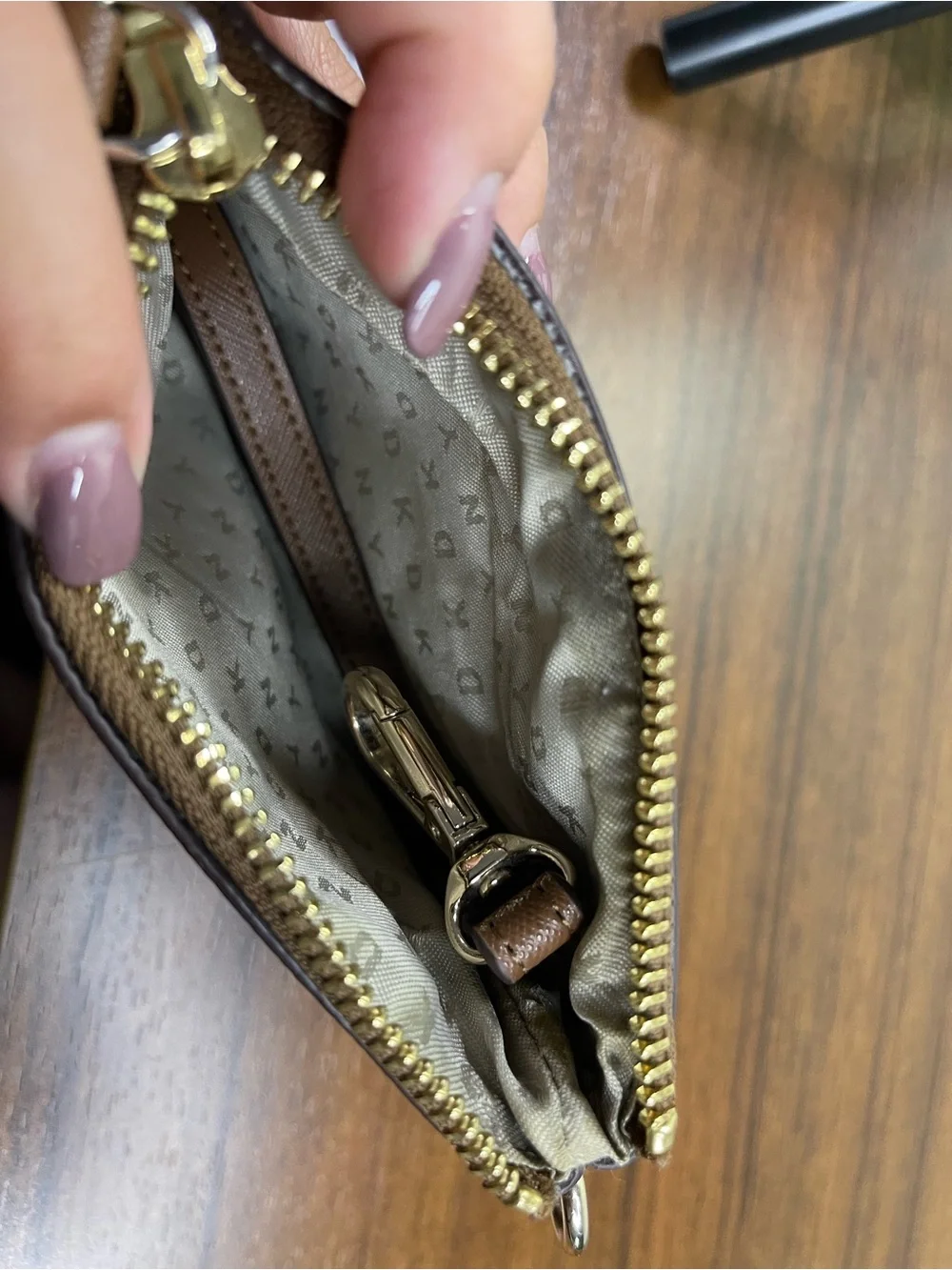 DKNY Logo Zip Wristlet Wallet w/ Wrist Strap, Brown/Beige