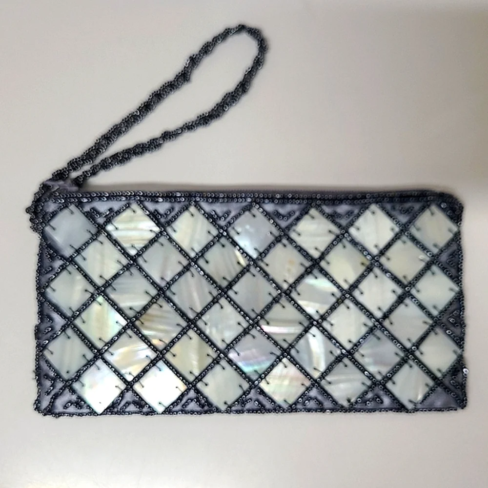 MAD BAGS Spun Silk Zip Top Wristlet With Mother-of-Pearl/Beaded Accents