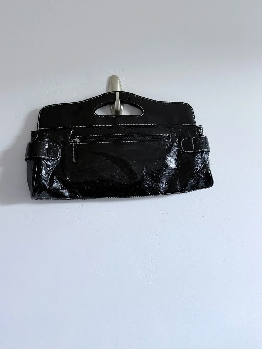 GUESS Black Patent Leather Clutch with Silver Plaque