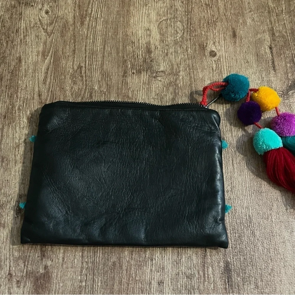 Leather Embroidered Zipper Clutch with Pom Pom Tassel