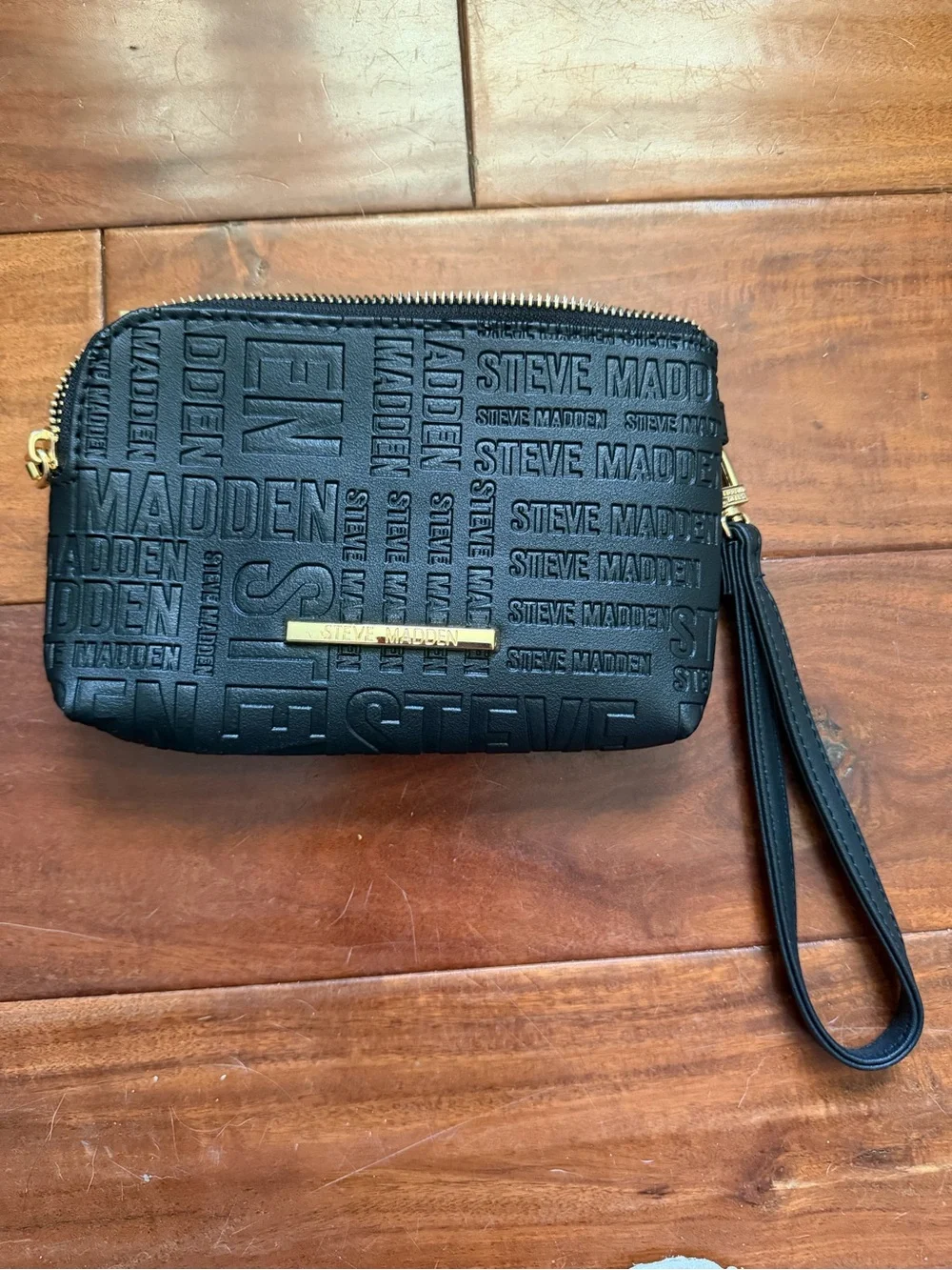 Steve Madden Black Floral Wristlet with Gold Accents