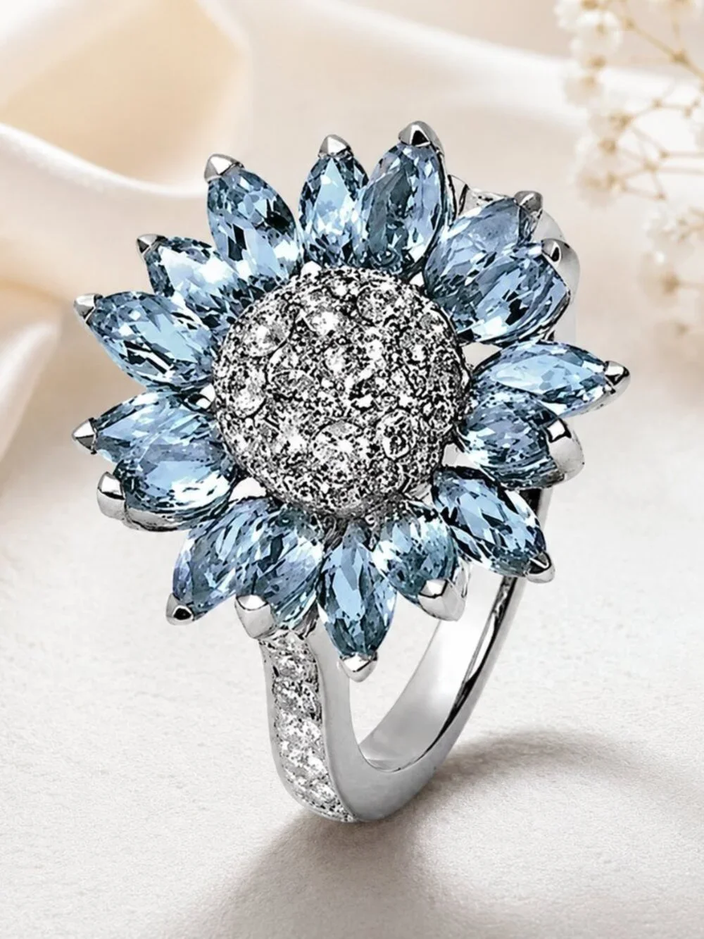 Sunflower Statement Ring Blue CZ Crystal Petals Silver Tone Size 10 NWT