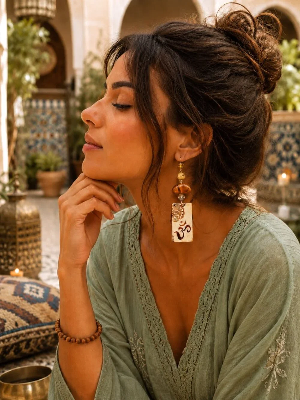 Artisan Hand Crafted Om Aum Symbol Earrings Amber Tan Brown Beaded Yoga Zen