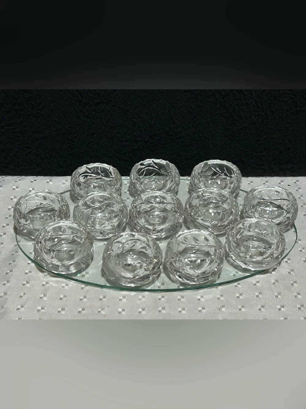 Set Of 10 Antique Open Salt Cellar Dip Etched Crystal Glass Clear Edge Flower