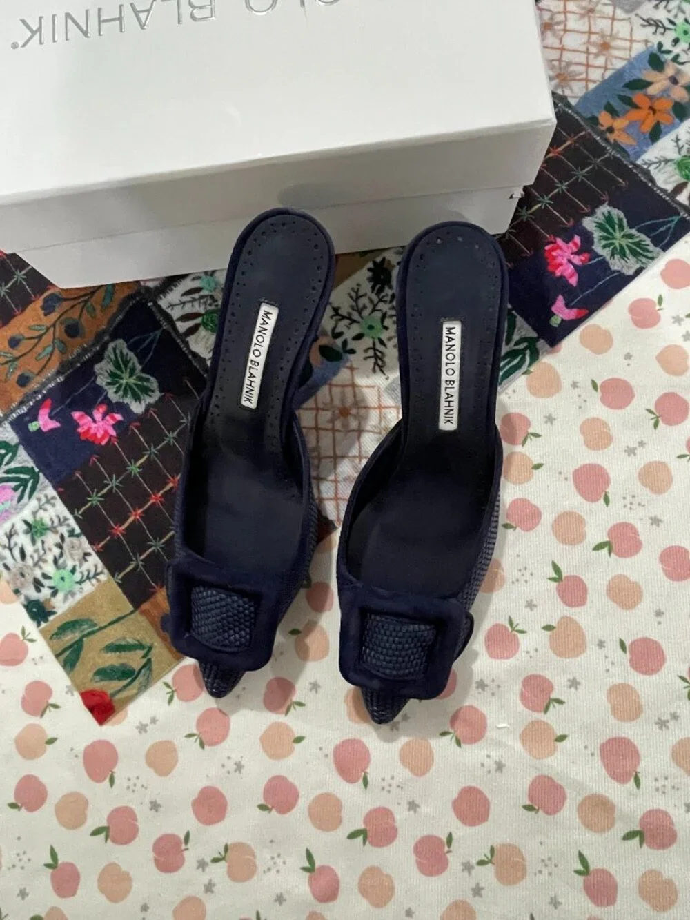 Manolo Blahnik Navy Woven Square-Buckle Mule Heels