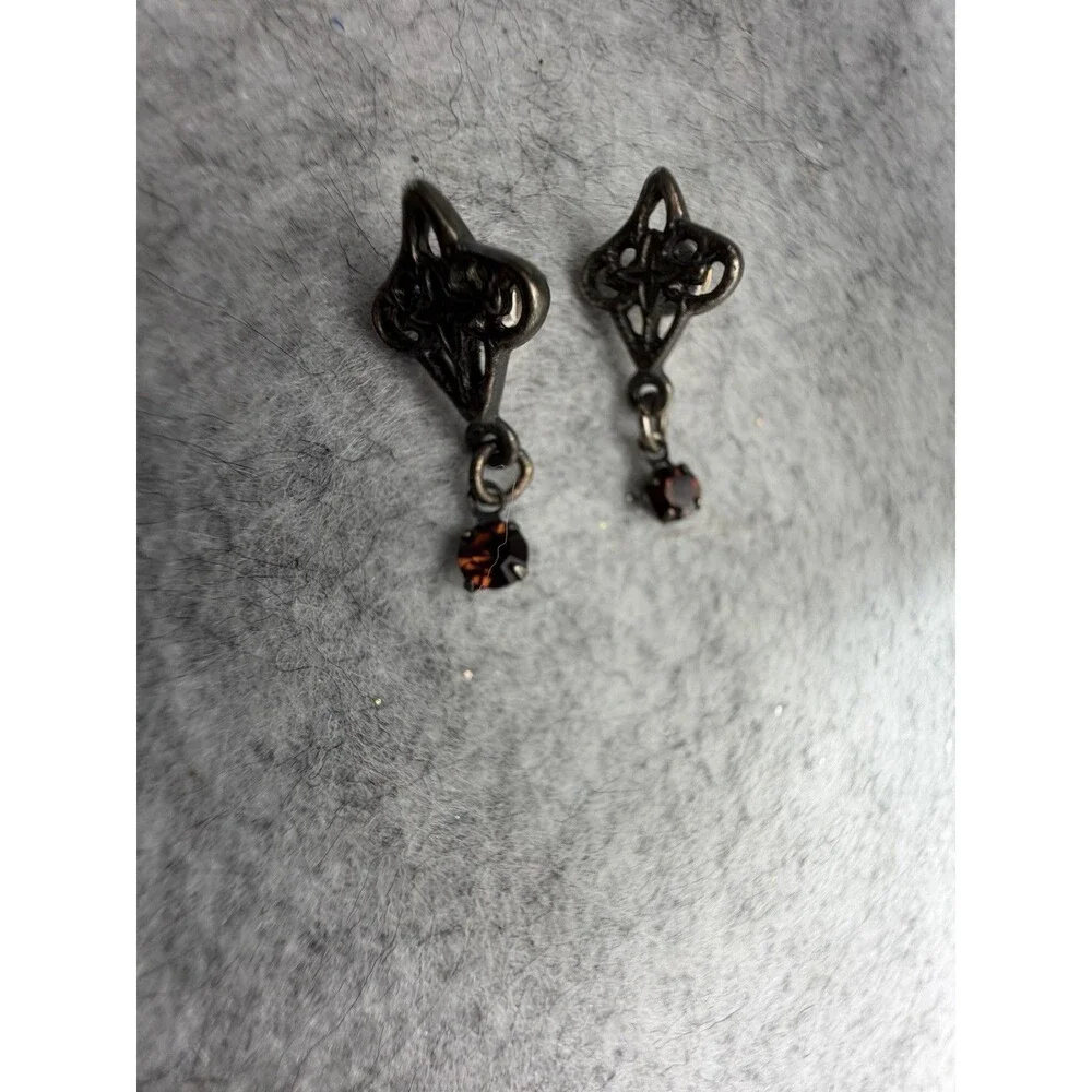 Vintage Mid Century Amber Rhinestone Silver Tone Filigree Dangle Earrings 1950s