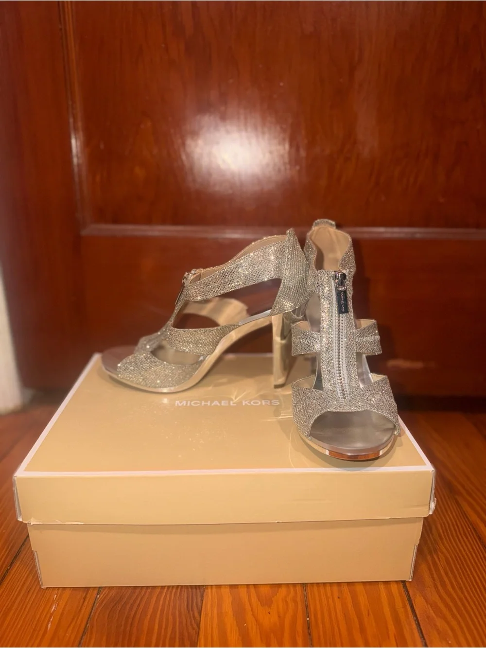 MICHAEL Michael Kors Silver Glitter T-Strap Heeled Sandals