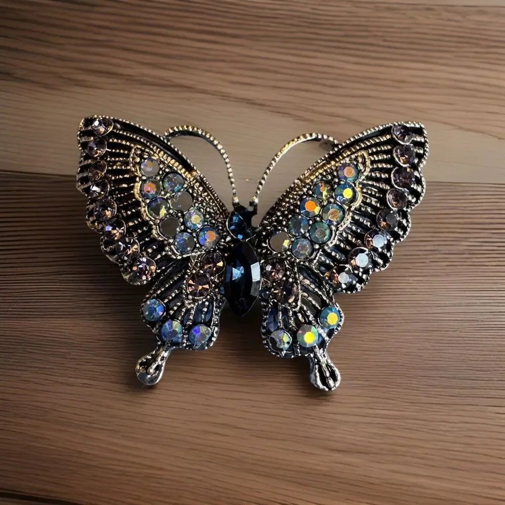 Vintage‎ Style Blue AB Rhinestone Butterfly Brooch Pin Gunmetal Silver Tone 2”