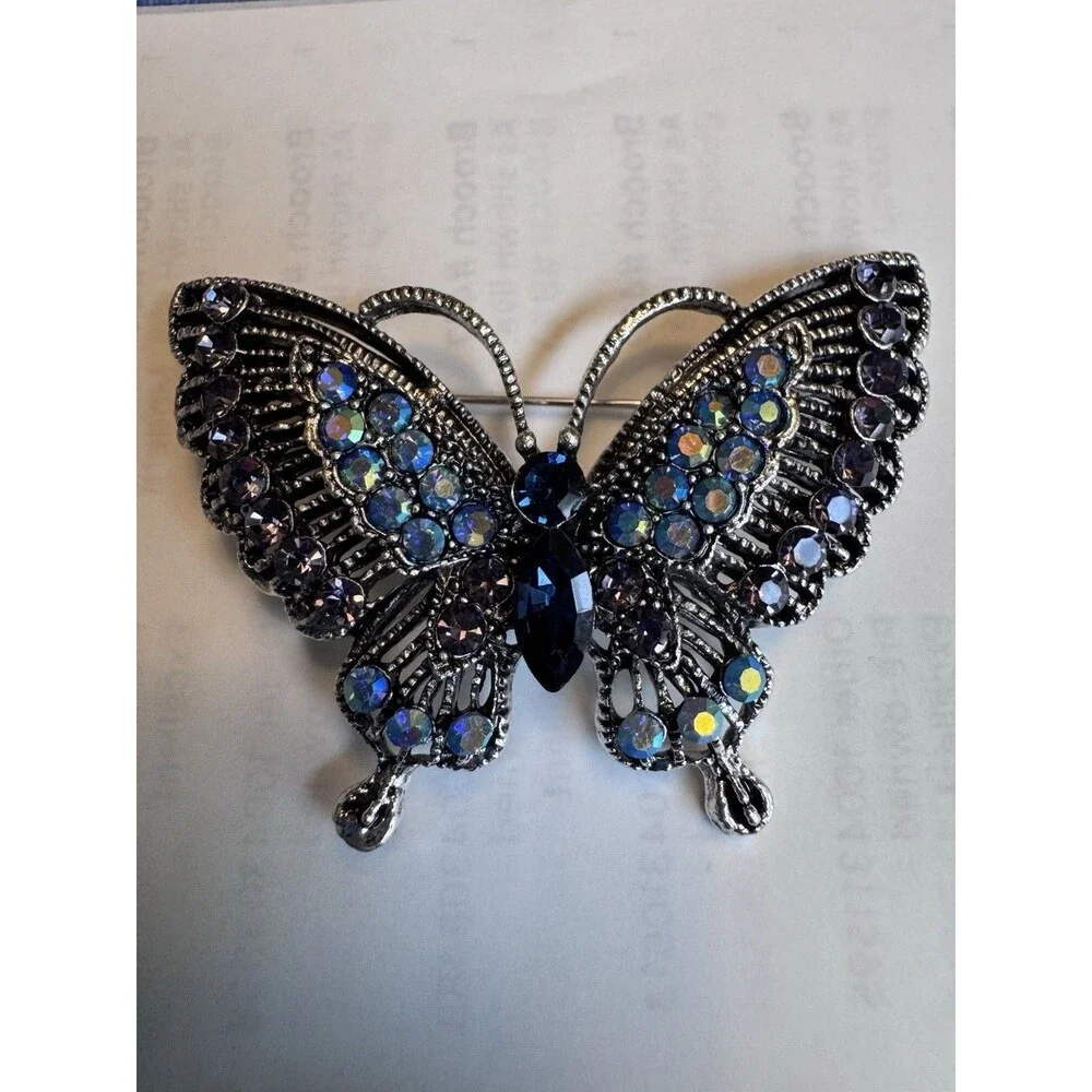Vintage‎ Style Blue AB Rhinestone Butterfly Brooch Pin Gunmetal Silver Tone 2”