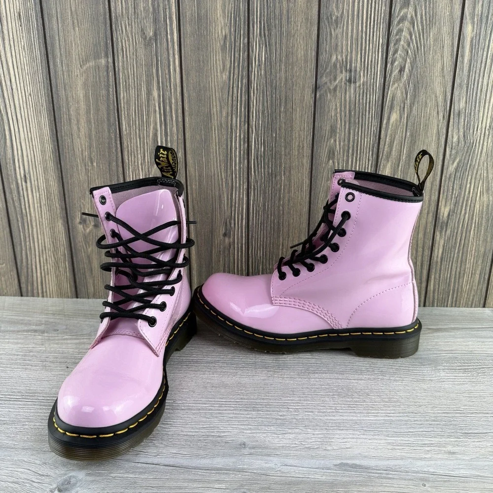 Dr Doc Martens Pink Black Combat Boots Barbie Patent Leather Women Size 7