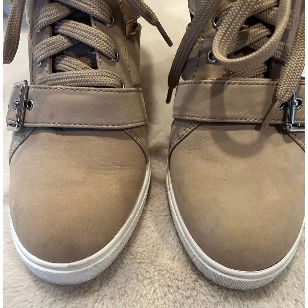 LINEA PAOLO Fave Beige Tan Cutout Wedge Lace-Up Sneaker with Buckle, Size  8.5