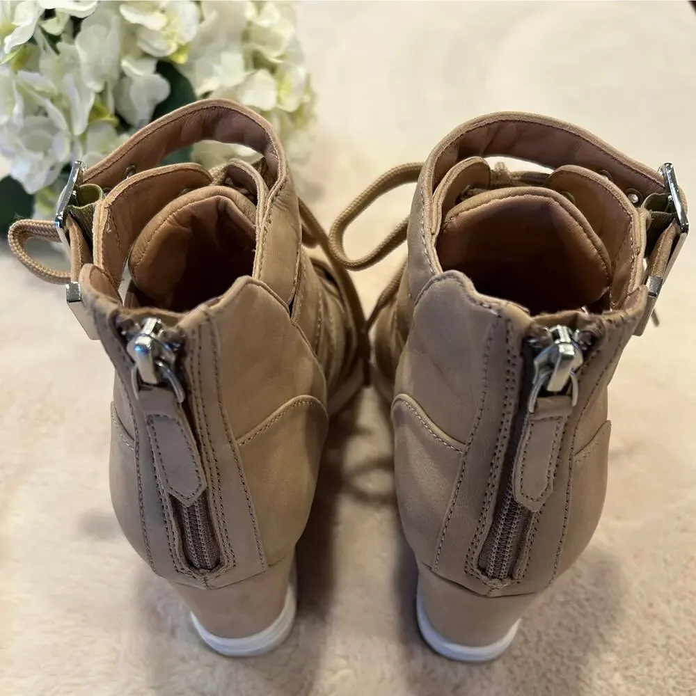 LINEA PAOLO Fave Beige Tan Cutout Wedge Lace-Up Sneaker with Buckle, Size  8.5