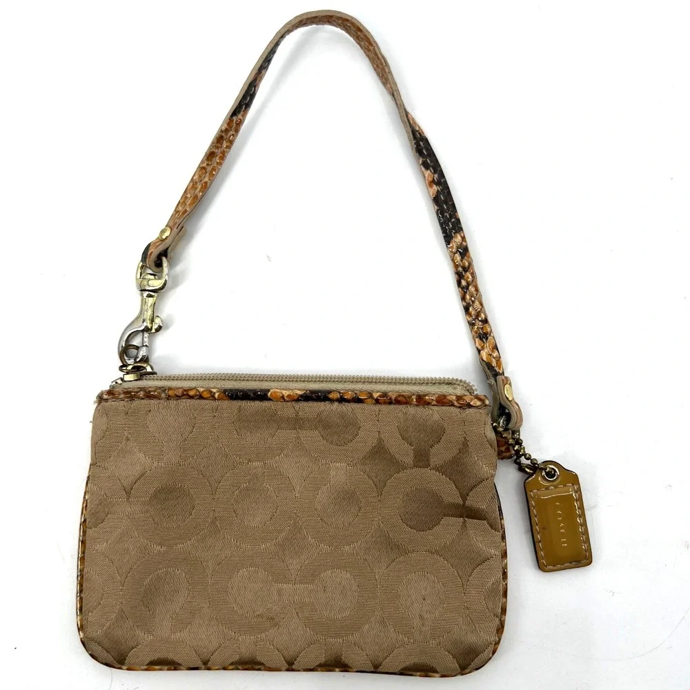 Coach Madison Signature Wristlet Snakeskin Accents Beige Hangtag Vintage