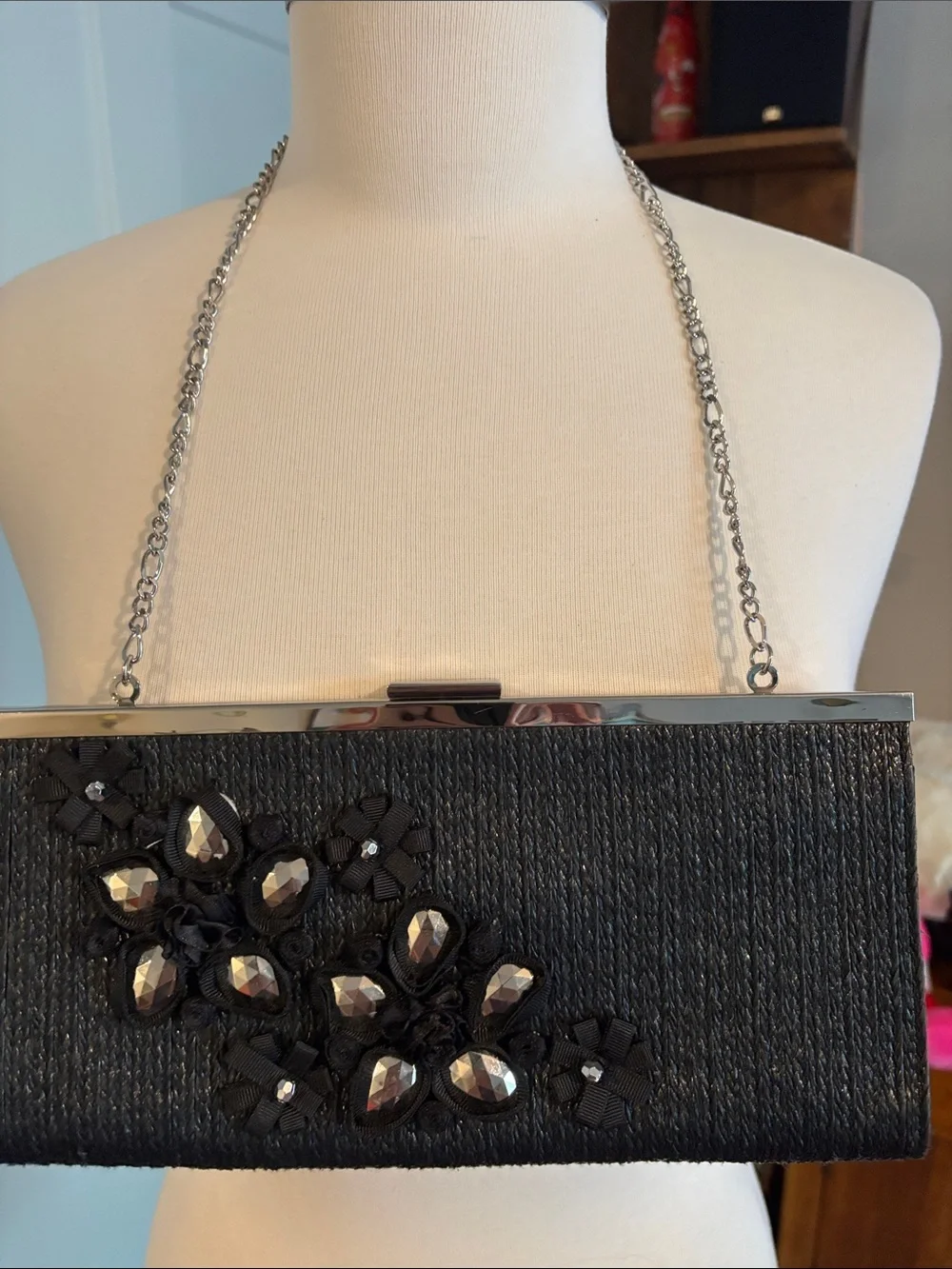White House Black Market Black Embellished Evening Clutch with Silver Chain