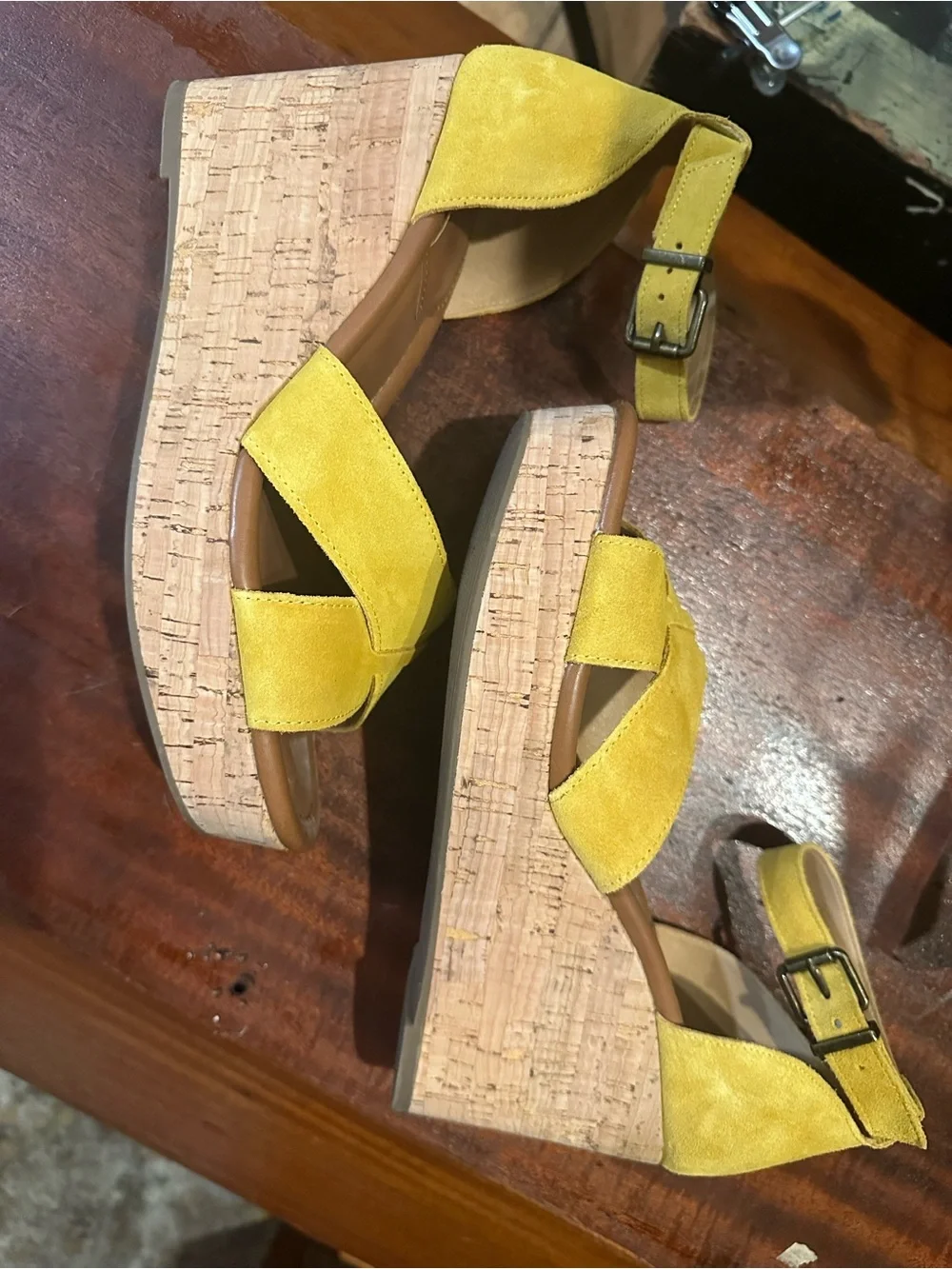 Crown Vintage Mustard Suede Cork Wedge Sandals sz 8.5