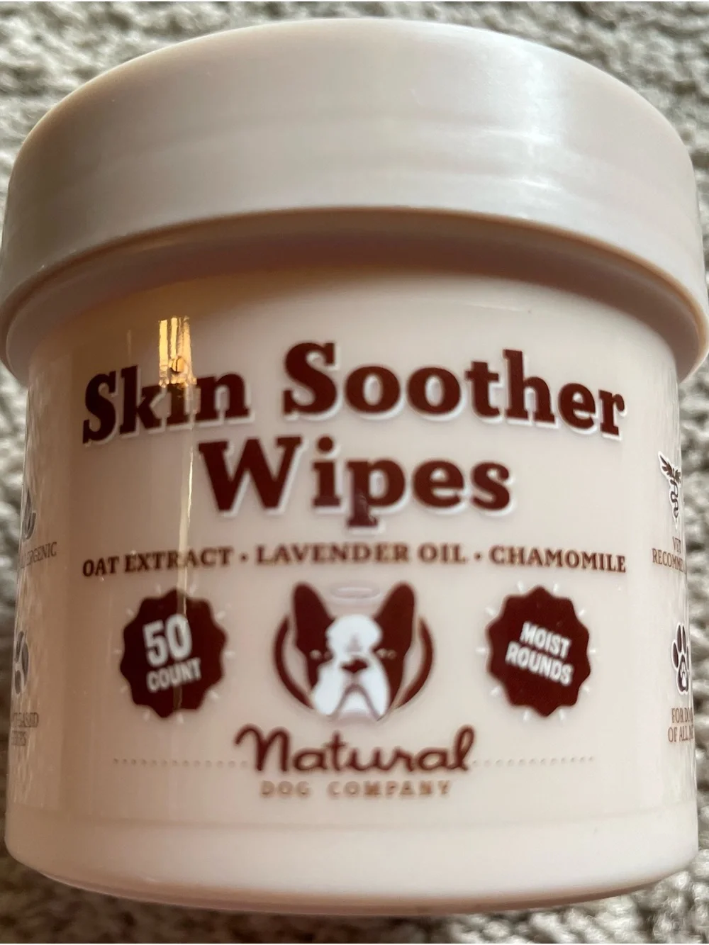 Opened bottle of Canine Skin Soother Wipes