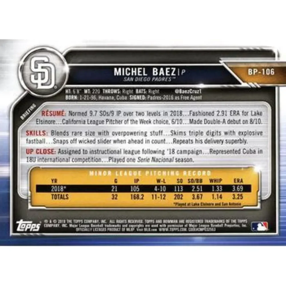 2019 Bowman Prospects Michel Baez #BP-106 San Diego Padres