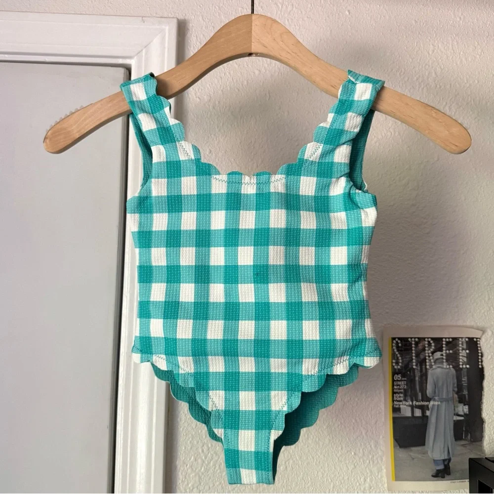 MARYSIA bumby kids girls teal aqua‎ white gingham scalloped one piece swimsuit
