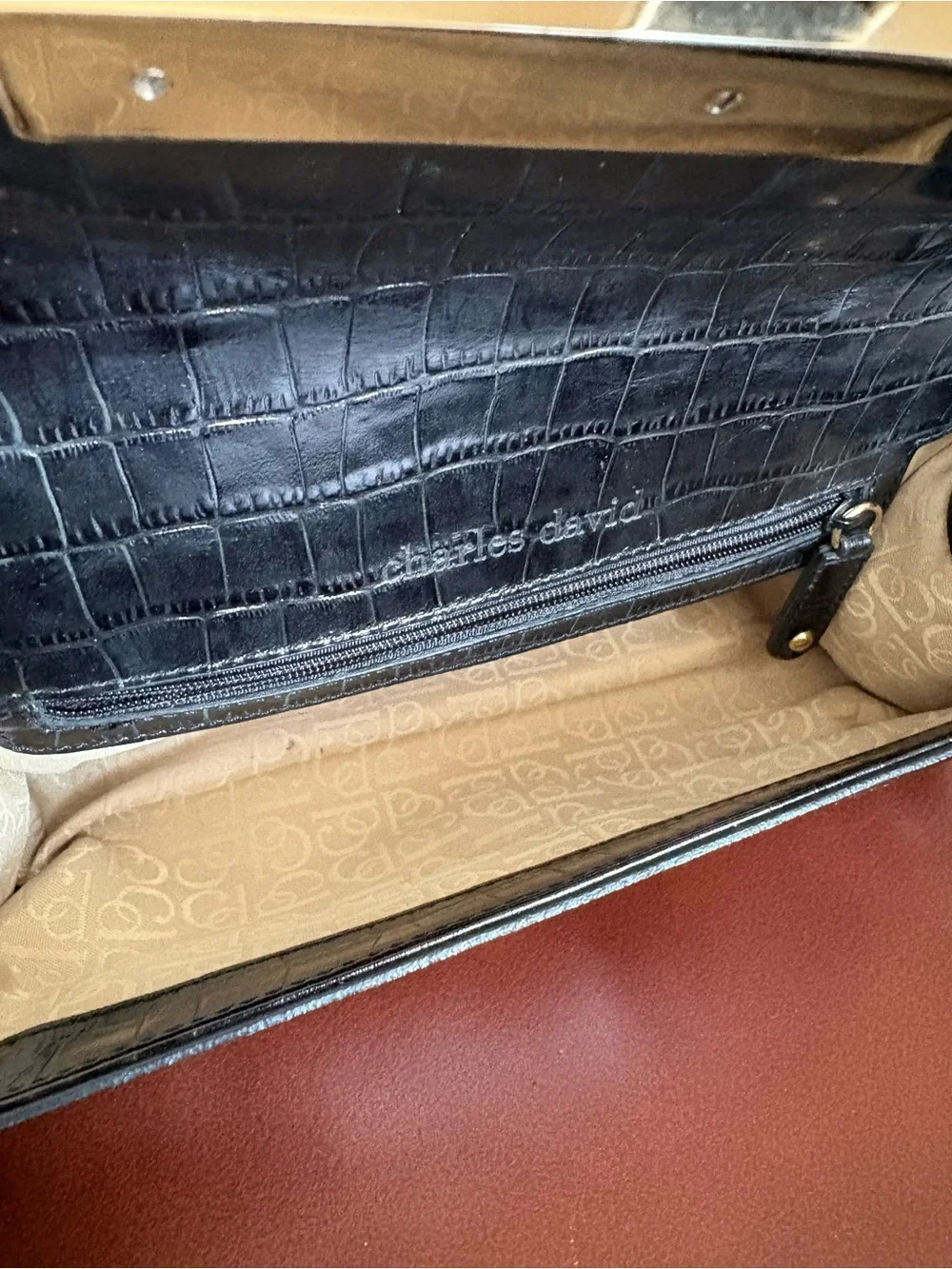 Charles David Black Croc-Embossed Leather Clutch with Gold Hardware